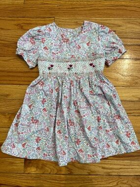 100% Cotton Liberty Print Pink & Coral Floral Smocked & Embroidered Dress